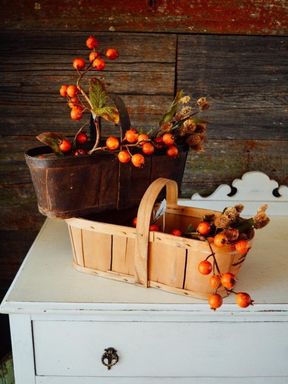 2x Vintage wood slat produce baskets